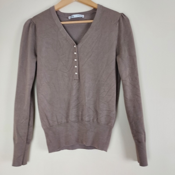Zara Mocha Button Front Size M Tight Knit Pullover V-neck Long Sleeve Sweater - Picture 1 of 9